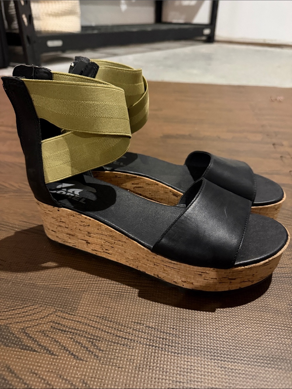 Sorel Black Leather Cork Wedge Sandals with Olive Straps